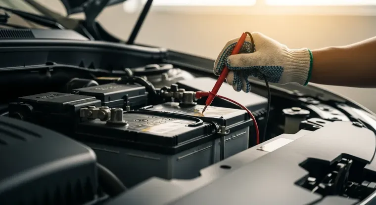 Close-up de uma bateria automotiva no vão do motor, mão com luva testando a voltagem com um multímetro