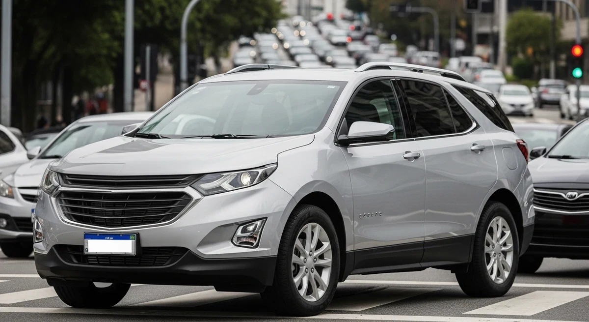 Chevrolet Equinox prata parado em trânsito intenso, sinal vermelho ao fundo, vista frontal aguardando o motor desligar pelo Start&Stop