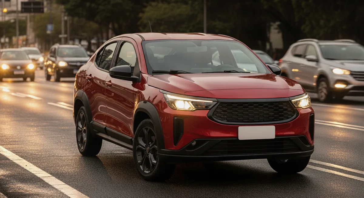 Fiat Fastback parado de frente em avenida de cidade ao entardecer, motor desligado pelo Start&Stop