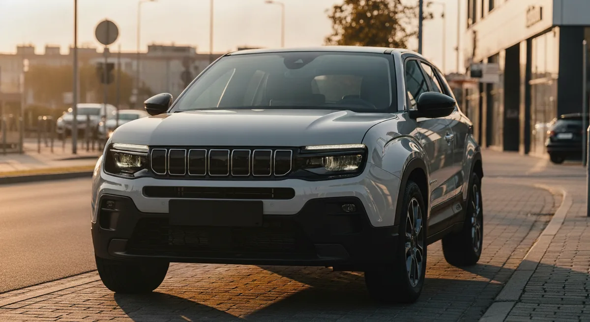 Jeep Avenger prateado estacionado em rua de cidade ao entardecer, visto de frente em ângulo 3/4
