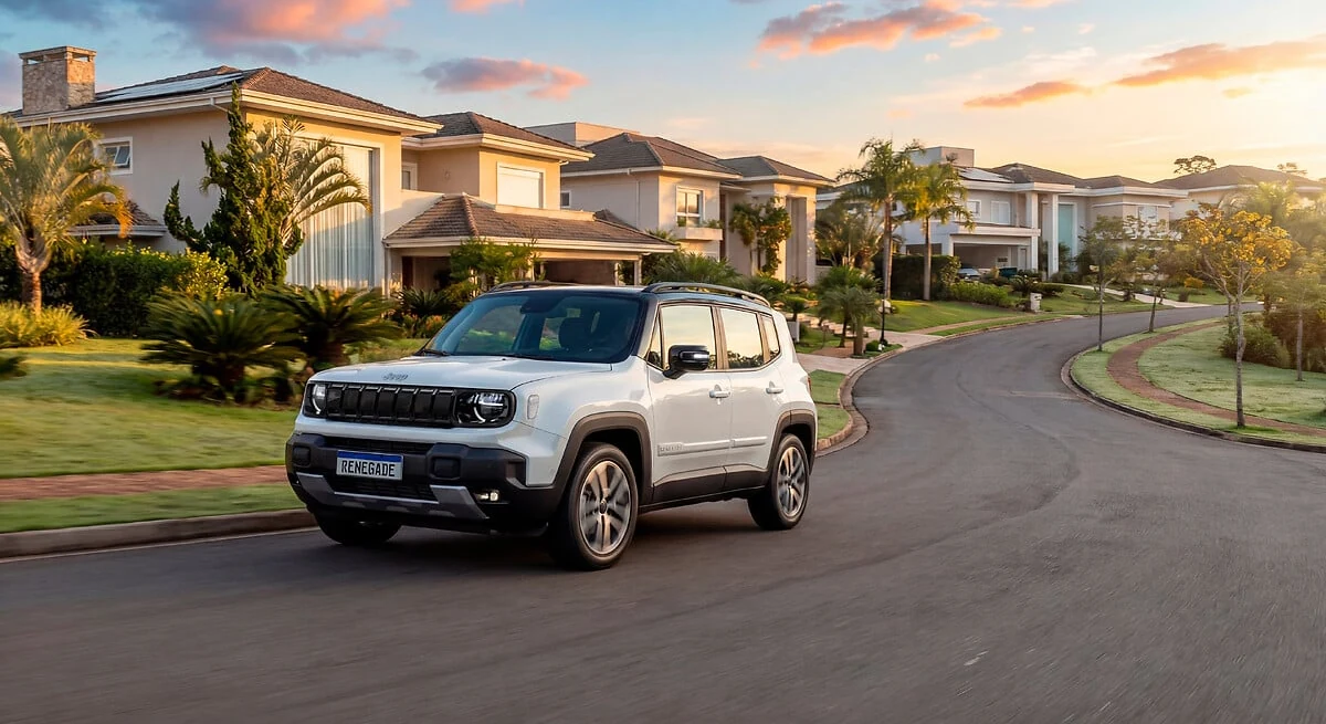 Jeep Renegade 2027 branco em movimento numa rua residencial ao entardecer, o SUV que estreia o sistema híbrido leve de 48V