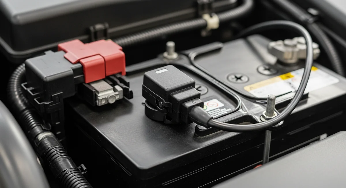 Sensor de bateria inteligente preso ao polo negativo de uma bateria automotiva 12V, dentro de um vão de motor genérico, sem marca visível