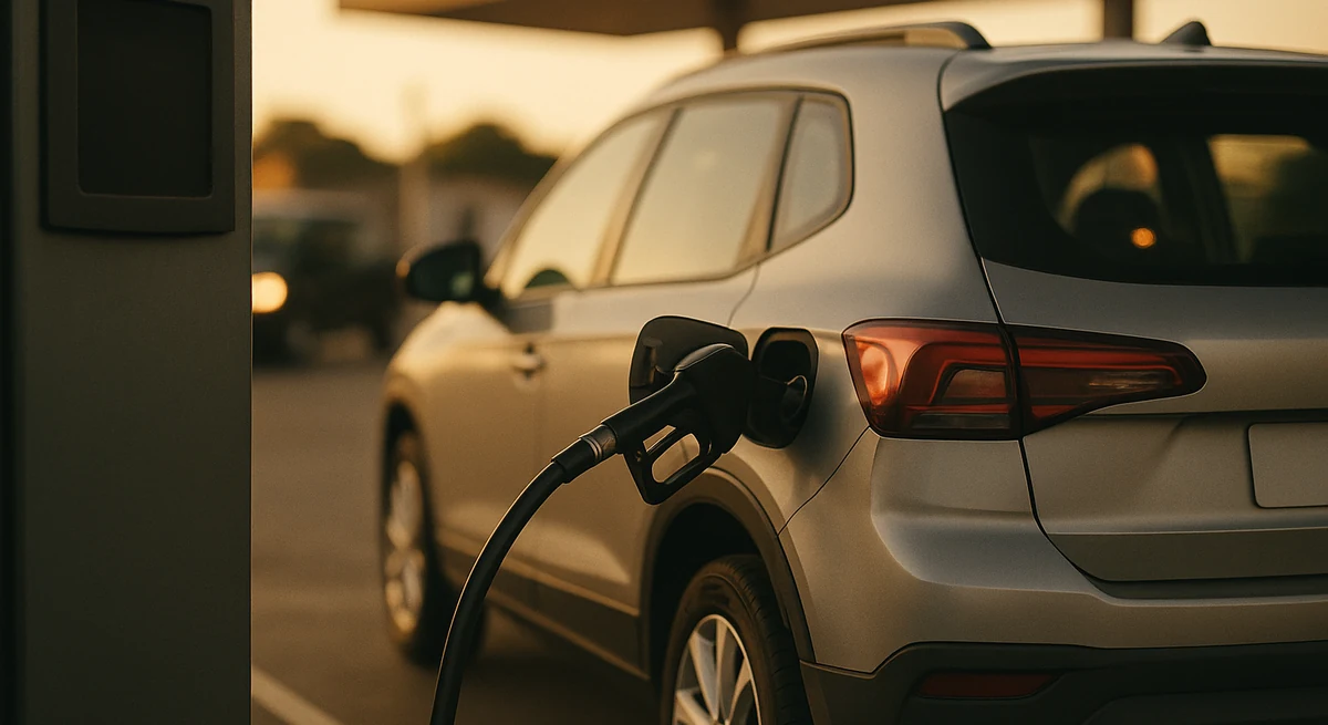 Bico de abastecimento inserido no tanque de um SUV compacto genérico sem marca, em posto de combustível ao entardecer