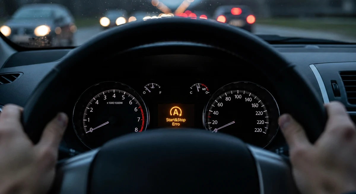 Painel de instrumentos genérico visto de dentro do carro ao entardecer, luz de aviso triangular âmbar acesa no display central, mãos no volante, trânsito desfocado através do para-brisa