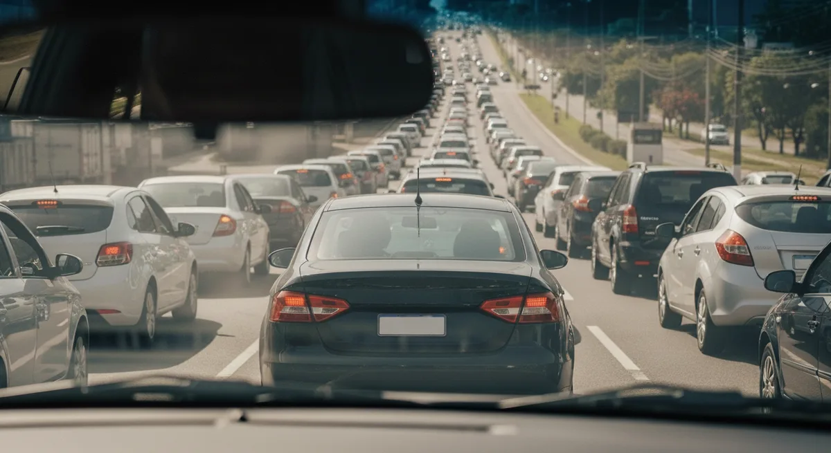 Fila de carros genéricos parados em congestionamento urbano, vista de dentro de um veículo no trânsito, placas em branco