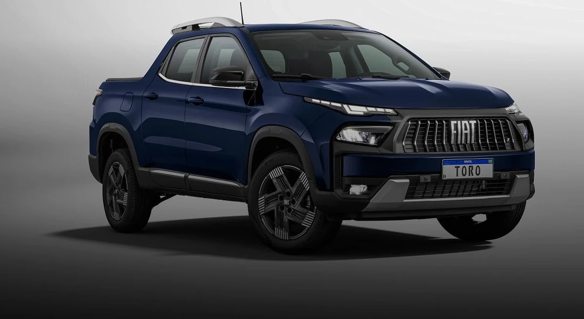 Fiat Toro 2027 azul em vista frontal de três quartos, a primeira picape híbrida leve produzida no Brasil